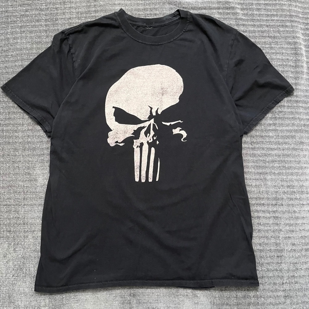 Vintage Y2k Marvel Punisher Graphic T-Shirt Large Black Skull
